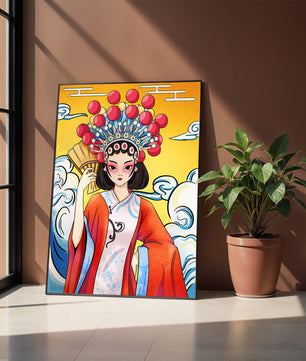 Eine elegante Darstellung asiatischer Kunst mit traditioneller Kleidung und kunstvollem Kopfschmuck