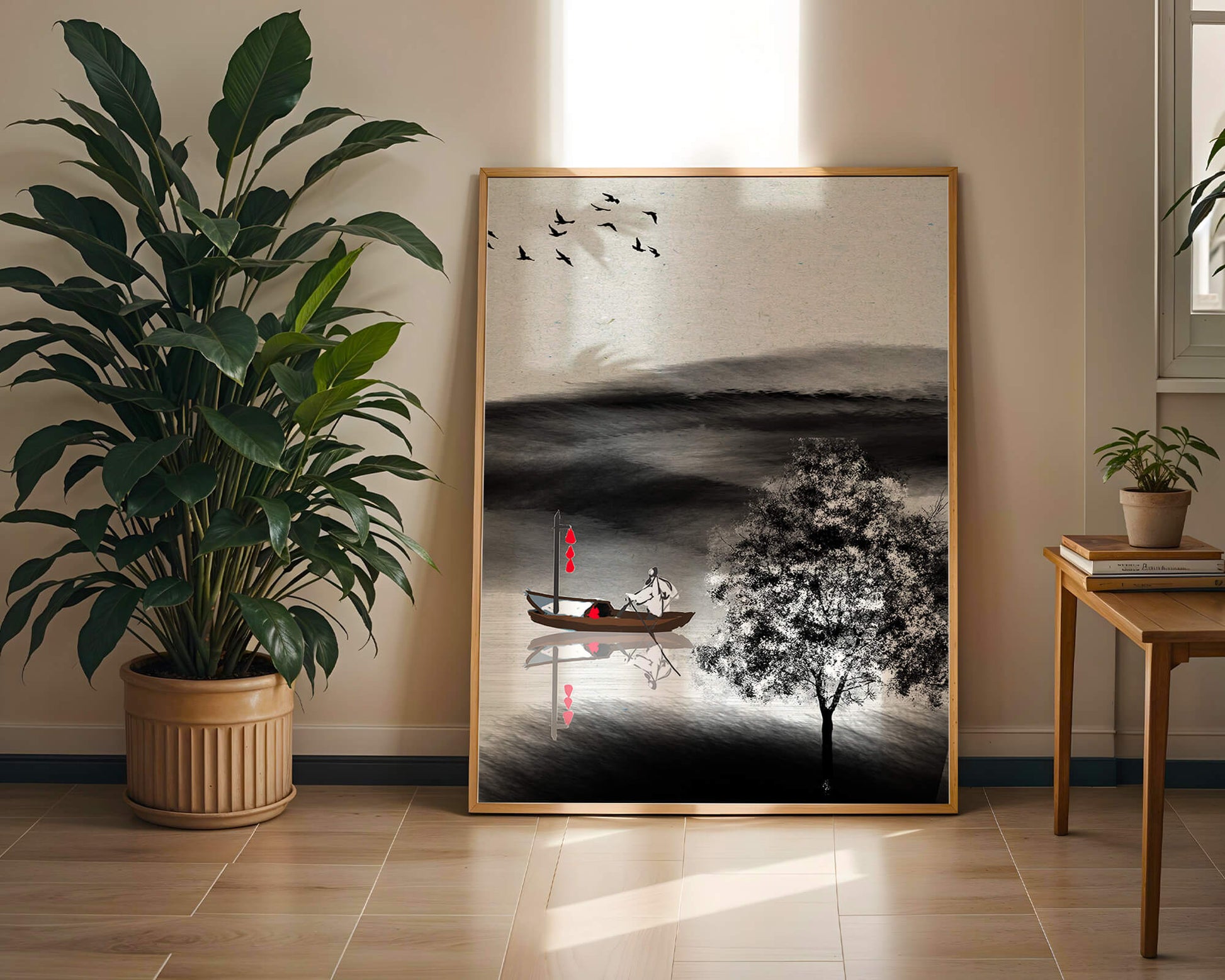 Tranquilo viaje en barco en un paisaje sereno con pájaros y árbol