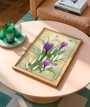 Elegant Crocus Flowers with Butterflies in a Delicate Frame