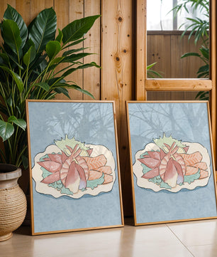 Illustration of seafood platter with shrimp and salmon on a decorative plate