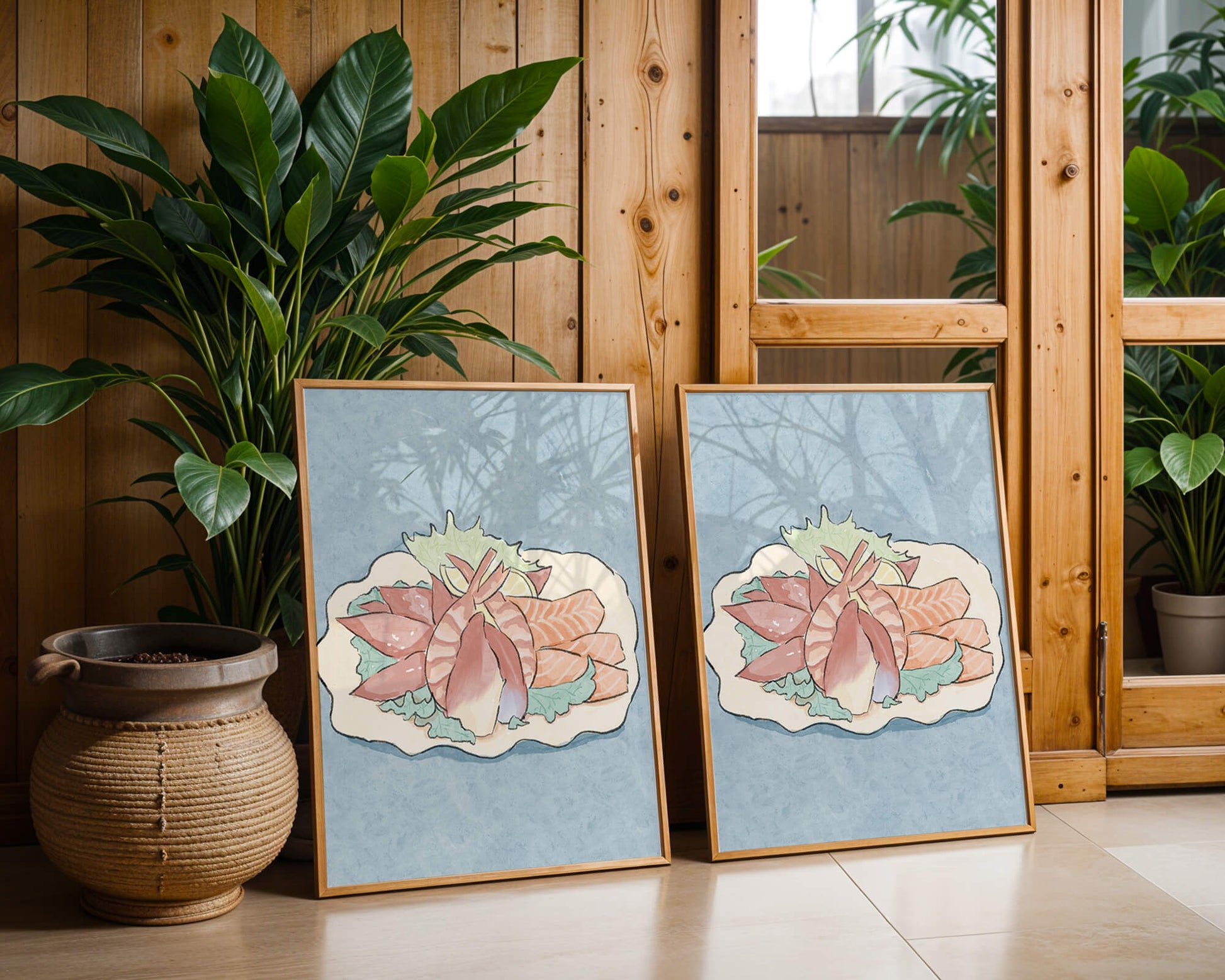 Illustration of seafood platter with shrimp and salmon on a decorative plate