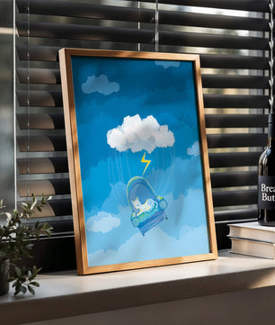 Gato soñador en un sillón flotante en un cielo nublado surrealista