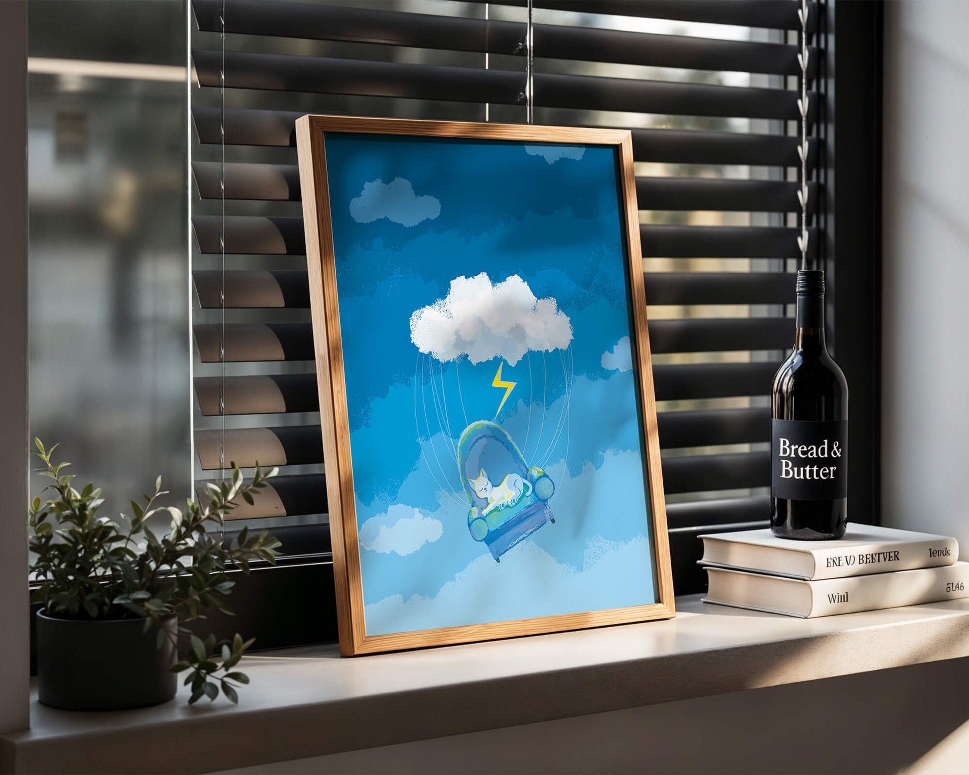 Dreamy Cat on a Floating Armchair in a Surreal Cloudy Sky