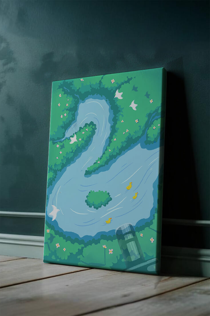 Río sereno con patos y aves en un paisaje exuberante