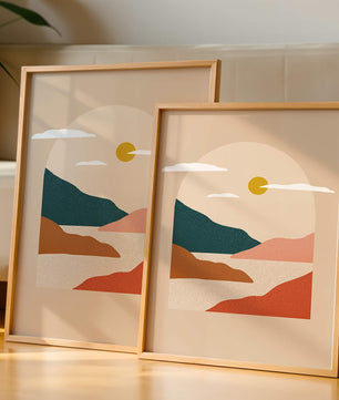 Paysage minimaliste avec montagnes et soleil