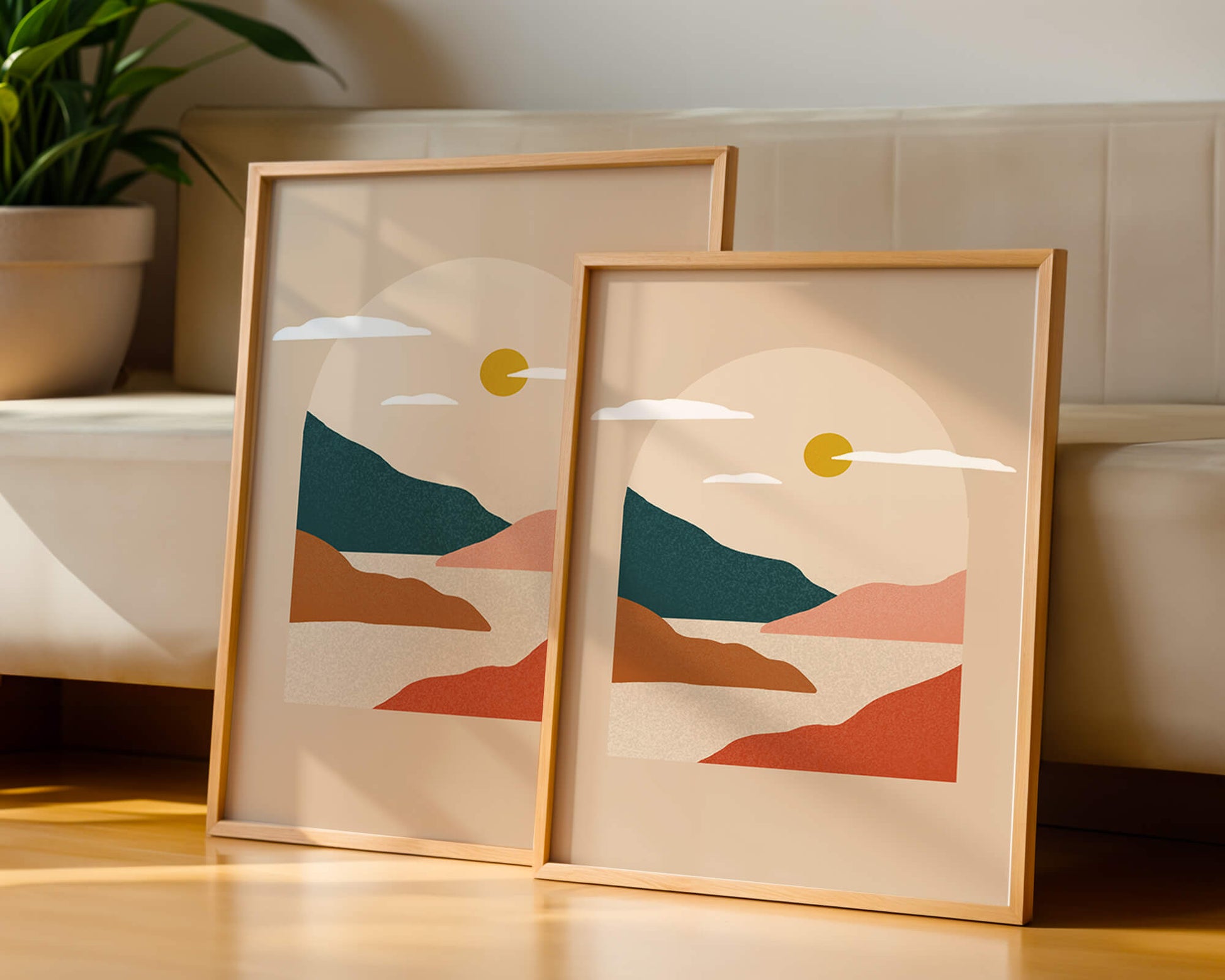 Paysage minimaliste avec montagnes et soleil