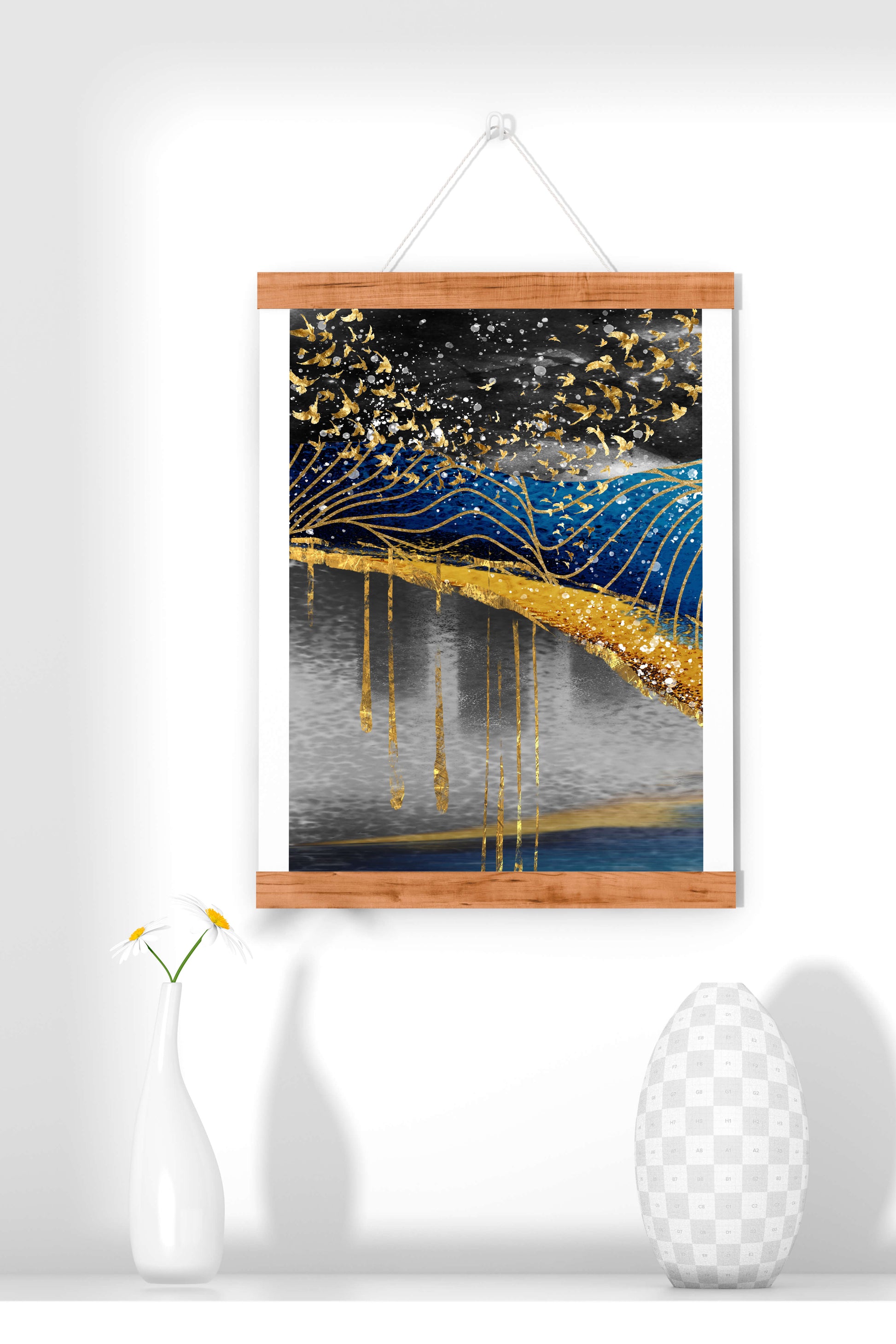 Abstract Night Sky With Golden Birds And Waves