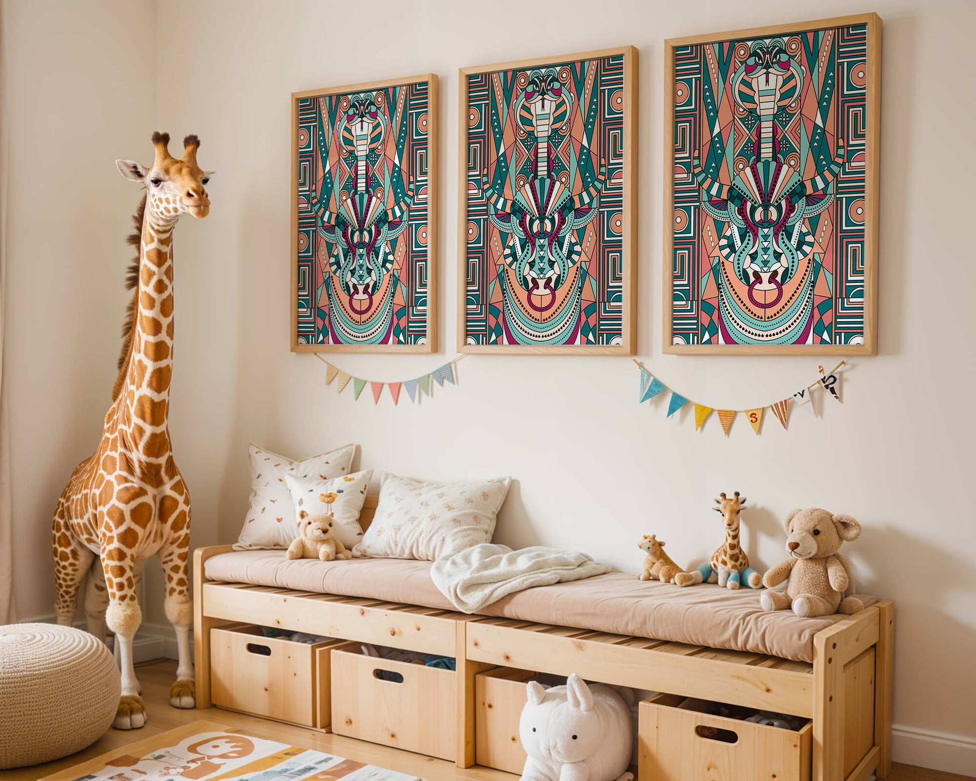 Colorful Geometric Animal and Snake Art Design with Tribal Patterns