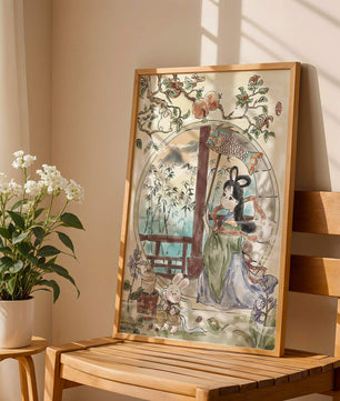 Peaceful Garden Scene with Girl and Rabbit