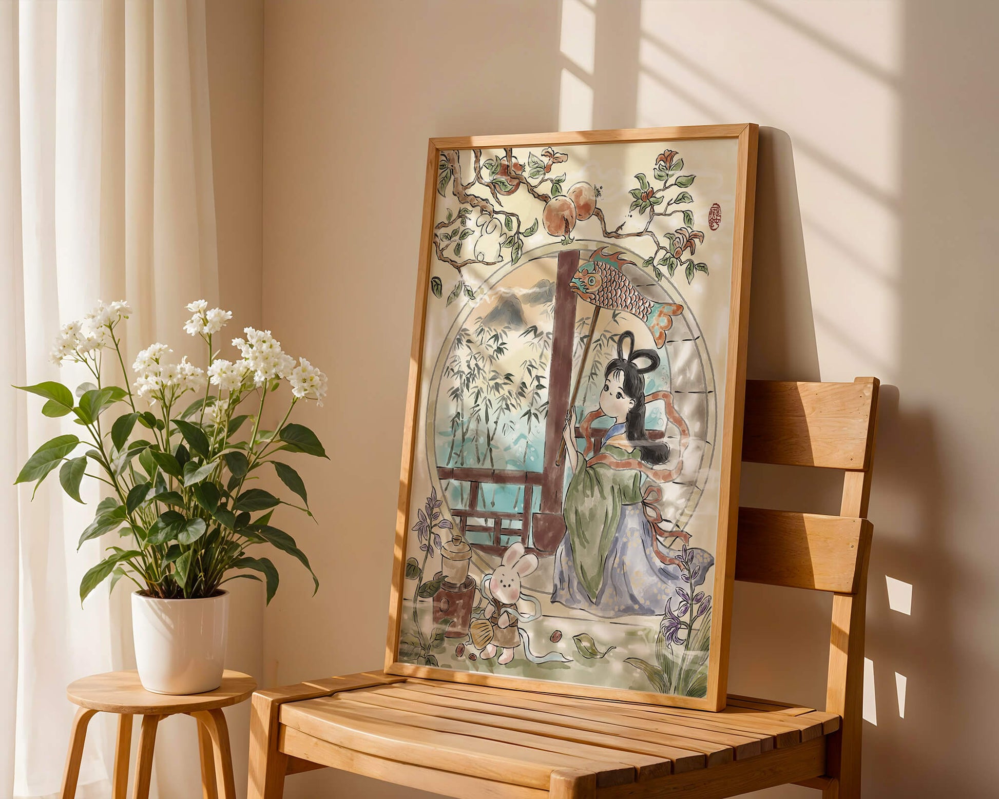 Escena de jardín tranquilo con una niña y un conejo