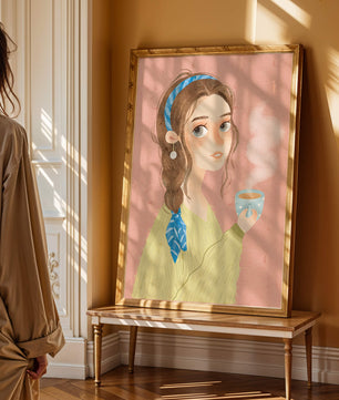 Illustration d'une fille avec un bandeau tenant une tasse fumante