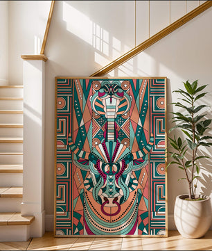 Arte tribal geométrico con motivos de serpiente y toro