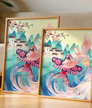 Illustration colorée d’oiseaux et de fleurs avec une architecture orientale