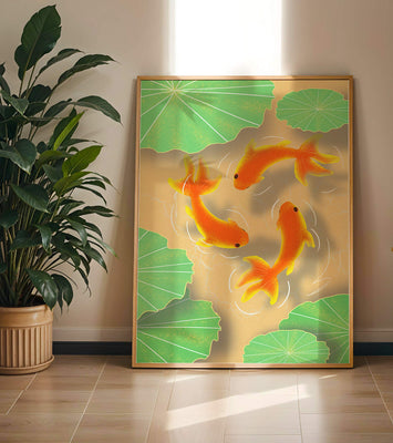 Tranquil pond scene with koi fish and lily pads