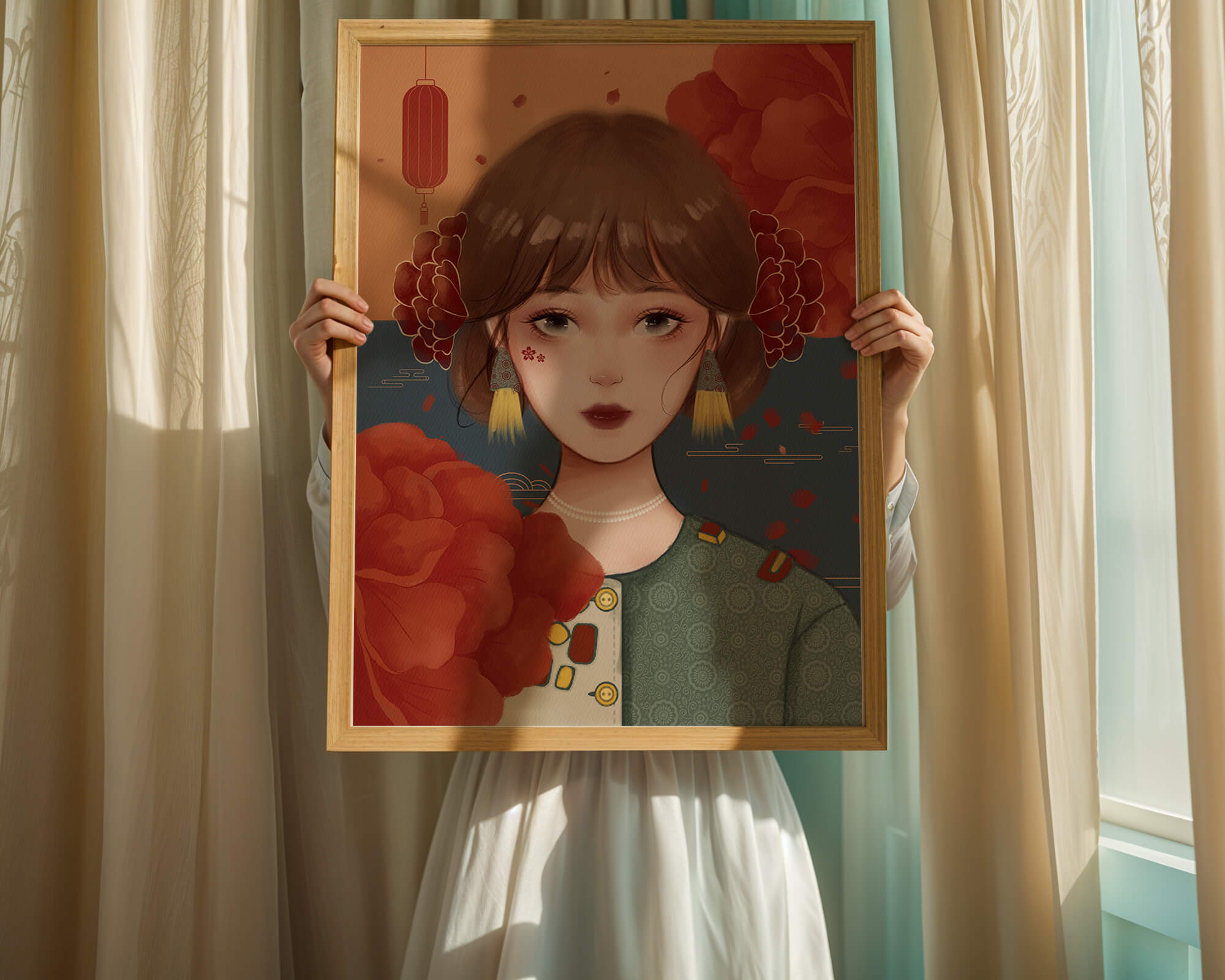 Illustration of a woman adorned with floral elements and traditional accessories