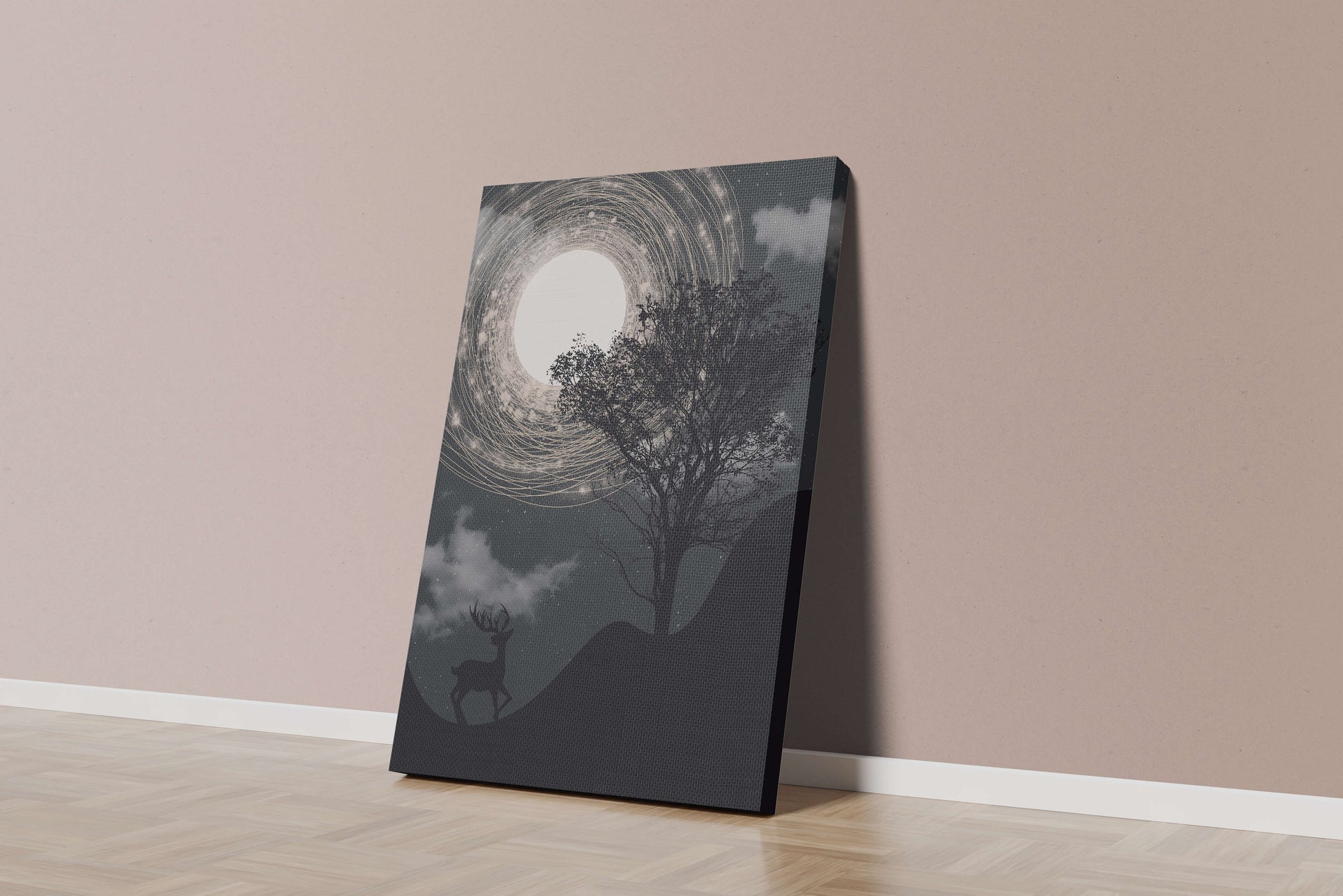 Enchanted night scene with deer silhouette and glowing moon