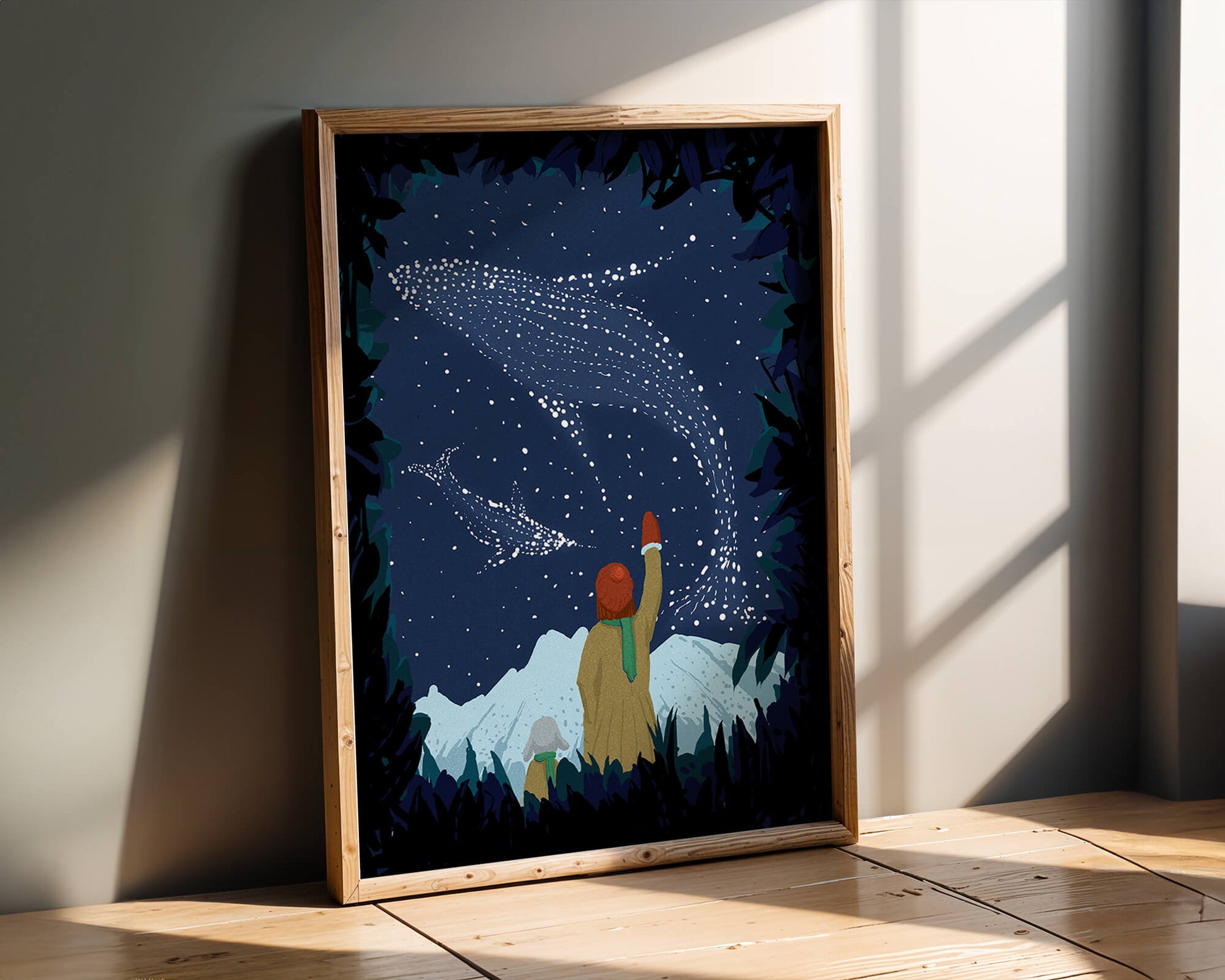 Starry night with whale constellations and mountain scenery