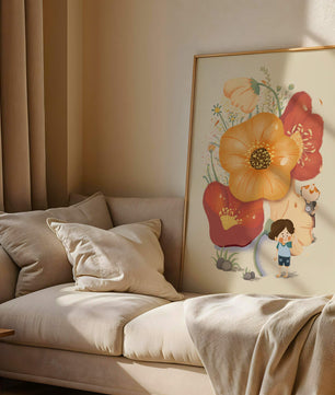 Charming Illustration of Children among Large Flowers with Playful Puppy