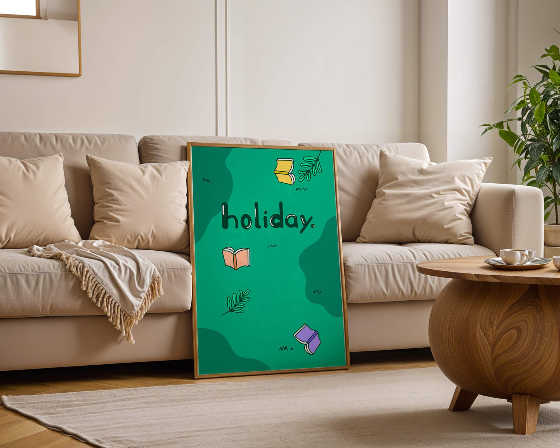 Colorful holiday-themed design with books and leaves