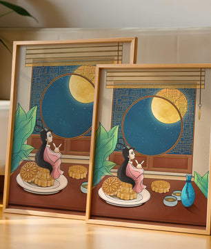 Tranquila escena nocturna con pasteles de luna y una figura mítica