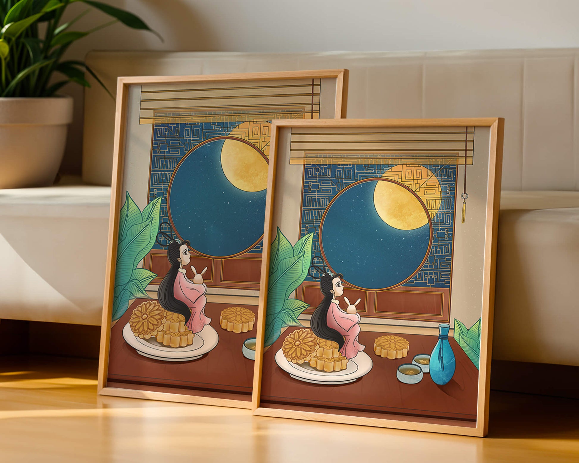 Tranquila escena nocturna con pasteles de luna y una figura mítica