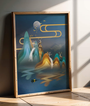 Paisaje abstracto con ciervo dorado y montañas en capas en una serena escena nocturna