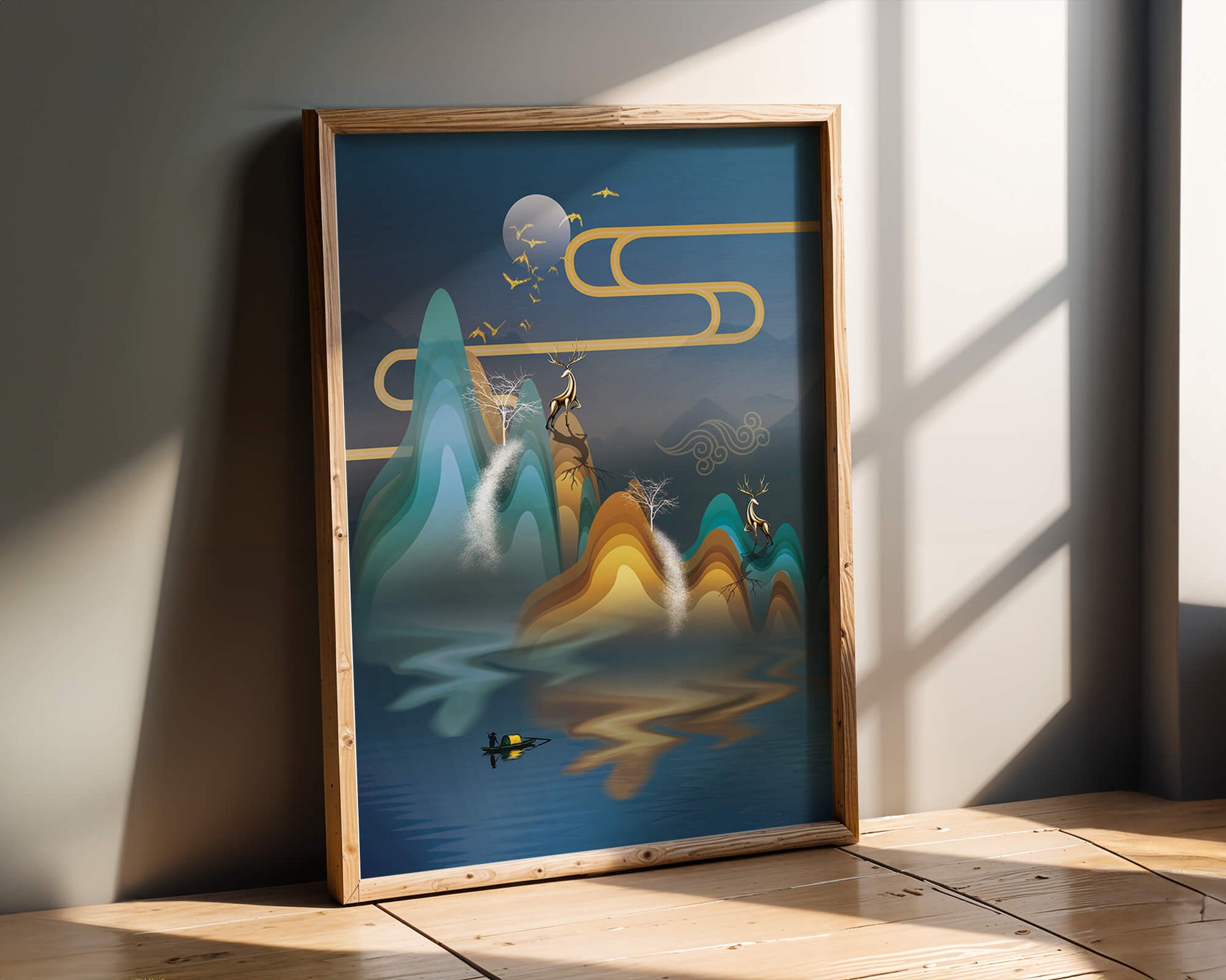Abstract landscape with golden deer and layered mountains in serene night scene