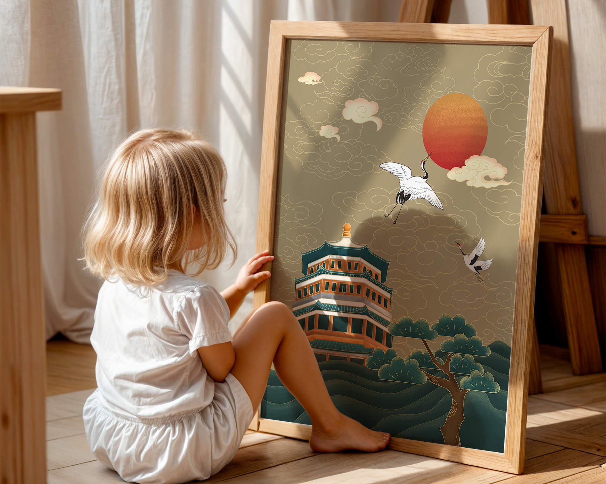 Traditional Asian artwork with cranes and pagoda under a red sun