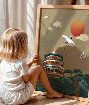 Traditional Asian artwork with cranes and pagoda under a red sun
