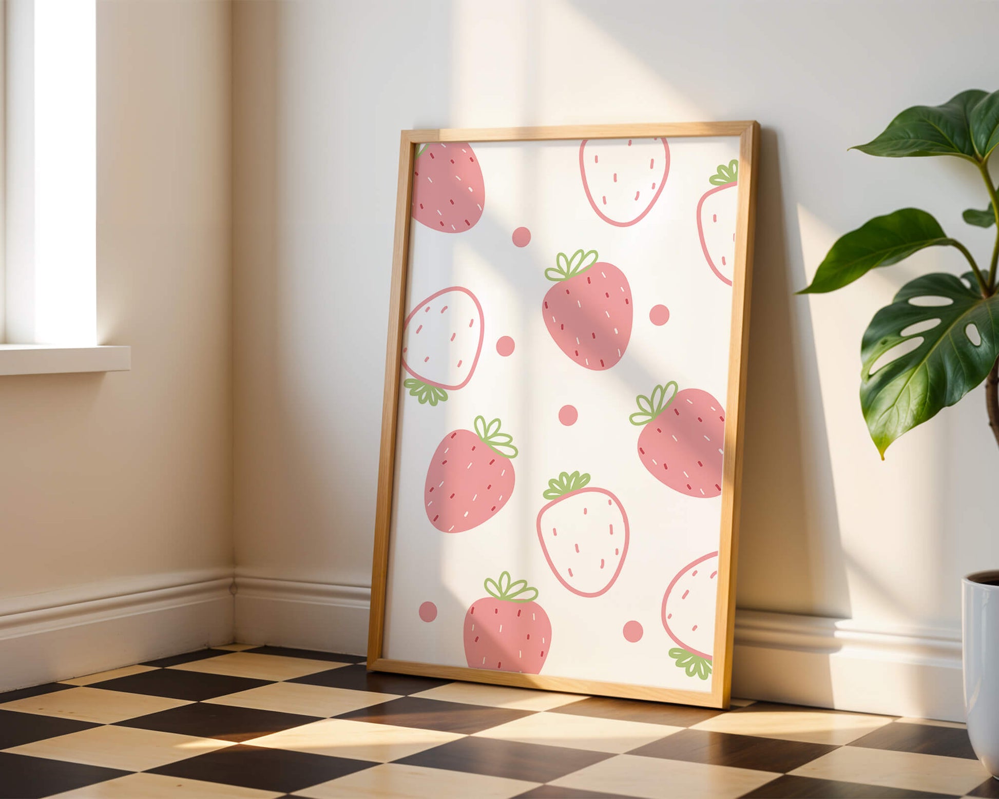 Playful strawberry pattern with pink and white design