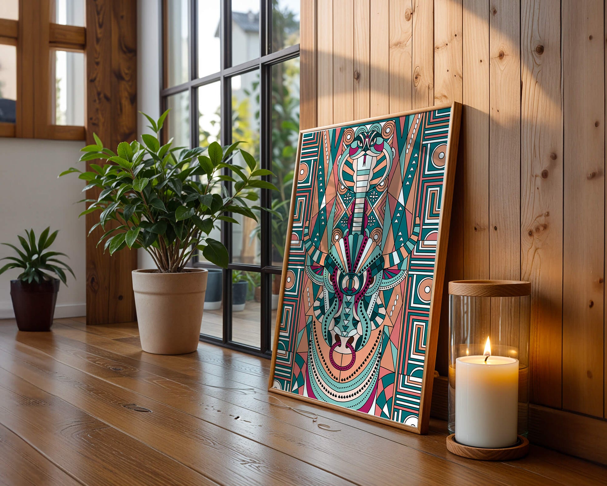 Arte tribal geométrico con motivos de serpiente y toro