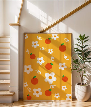 Playful floral and fruity pattern on a vibrant yellow background