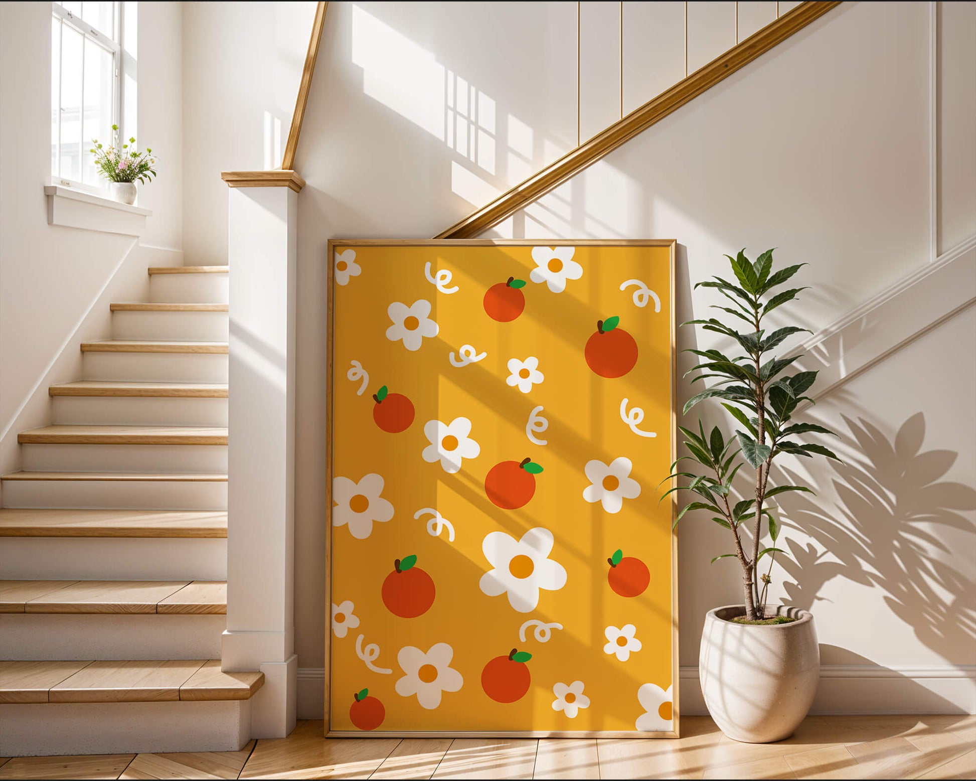 Playful floral and fruity pattern on a vibrant yellow background