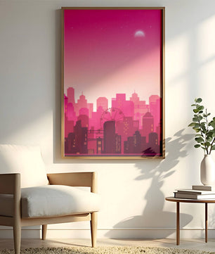 Skyline urbano al anochecer con degradado rosa y noria