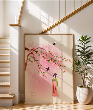 Art chinois traditionnel avec des fleurs de cerisier et une silhouette élégante