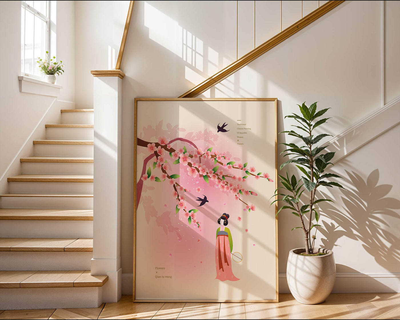 Traditional Chinese art with cherry blossoms and elegant figure