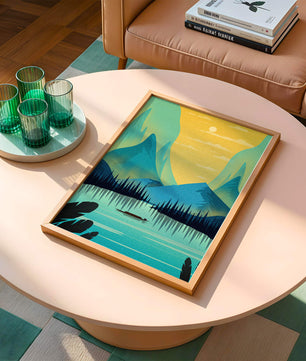 Serene lake landscape with mountains and sunset