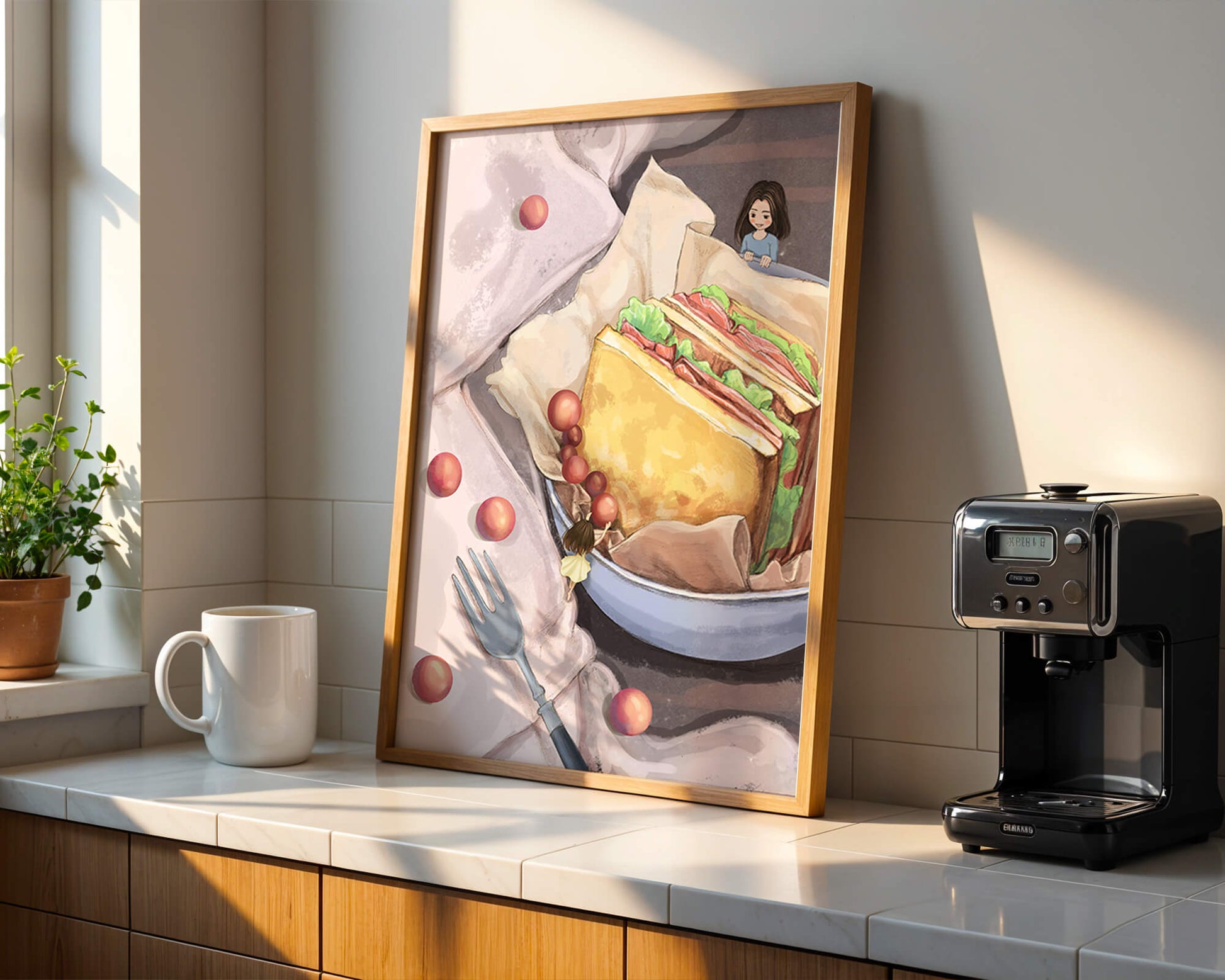 Niñas miniatura caprichosas cerca de un sándwich con tomates y tenedor