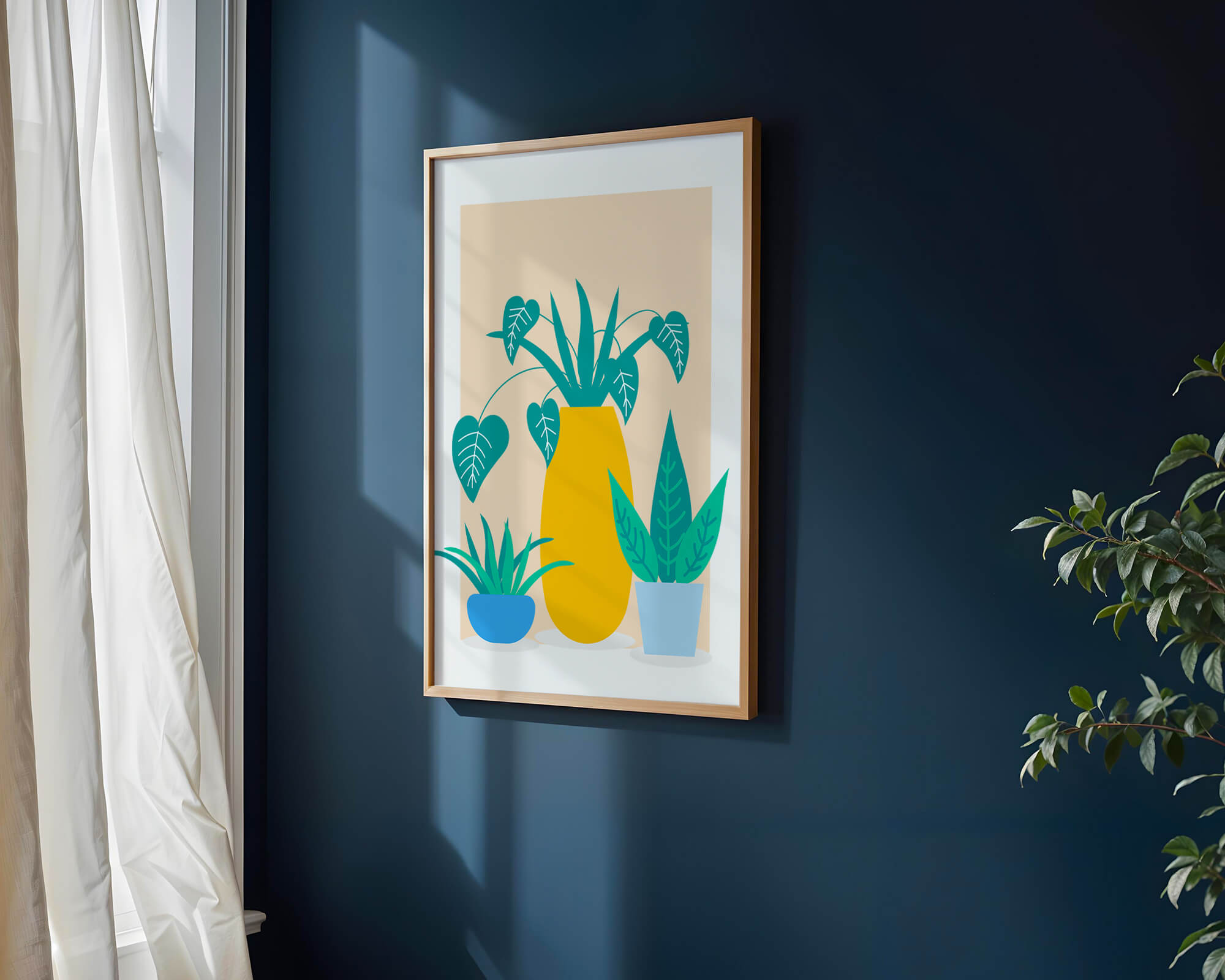 Illustration of colorful potted plants with a yellow vase