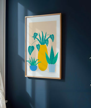 Illustration of colorful potted plants with a yellow vase