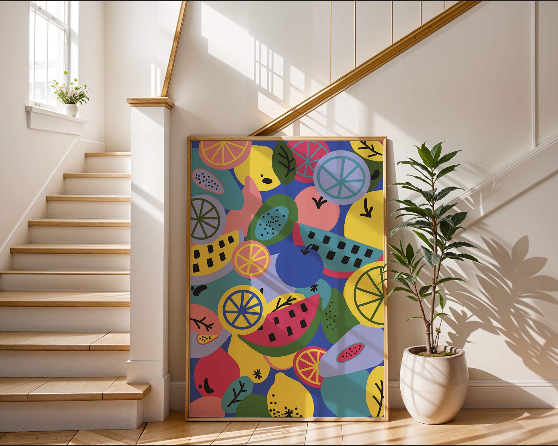 Patrón abstracto de frutas vibrantes con cítricos y melones sobre fondo azul