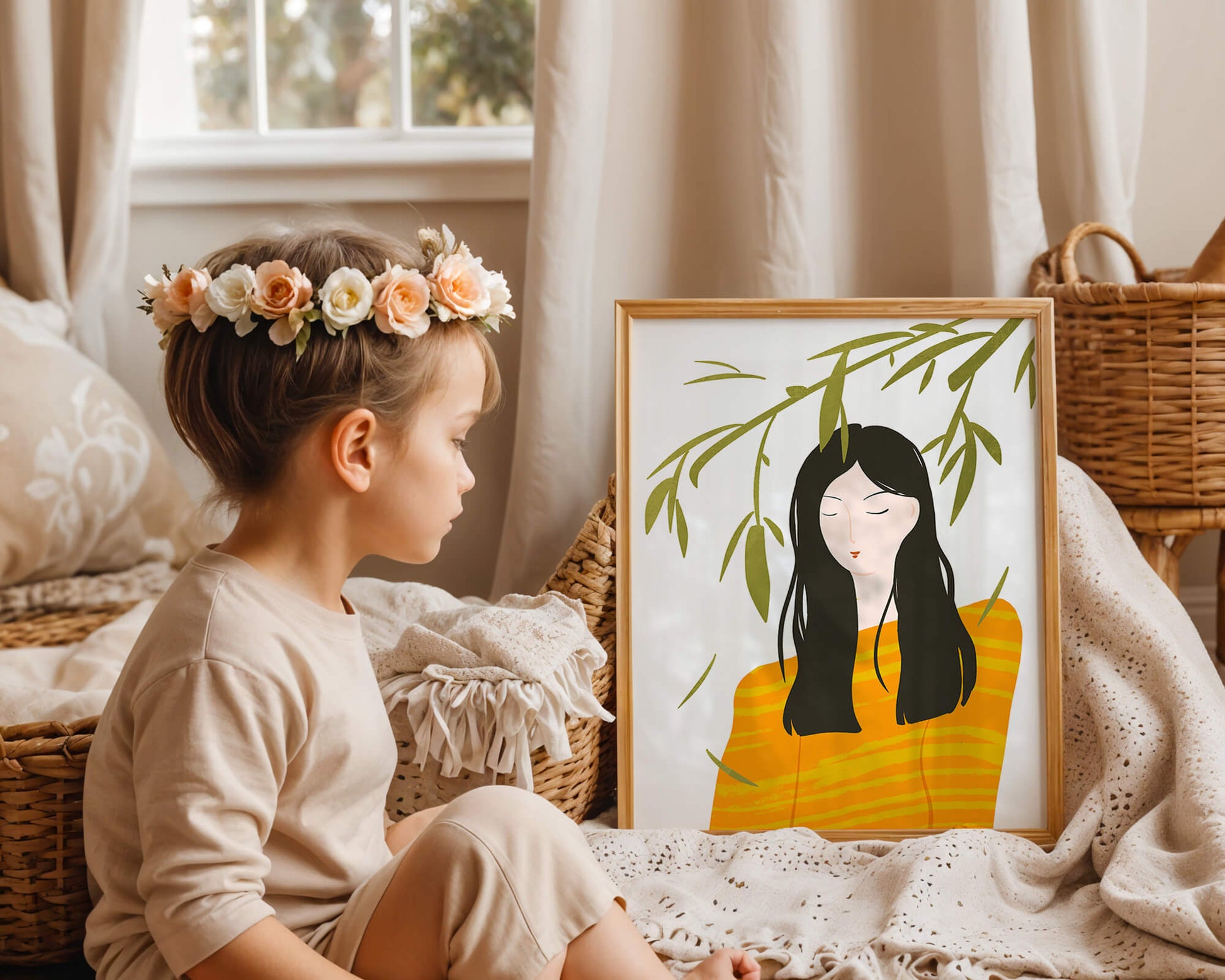 Woman in orange sweater with foliage backdrop illustration