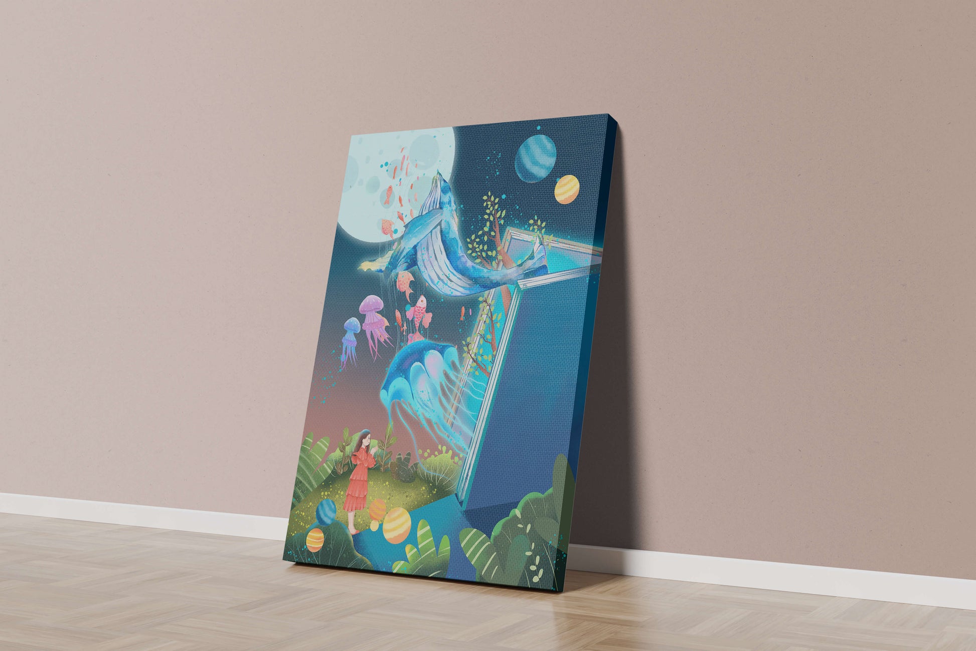 Surreal Ocean Life Emerging From a Book in a Dreamlike Forest Scene