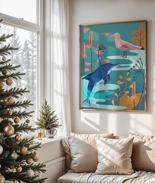 Geometric Dolphin and Seagull with Floral Elements in Abstract Nature