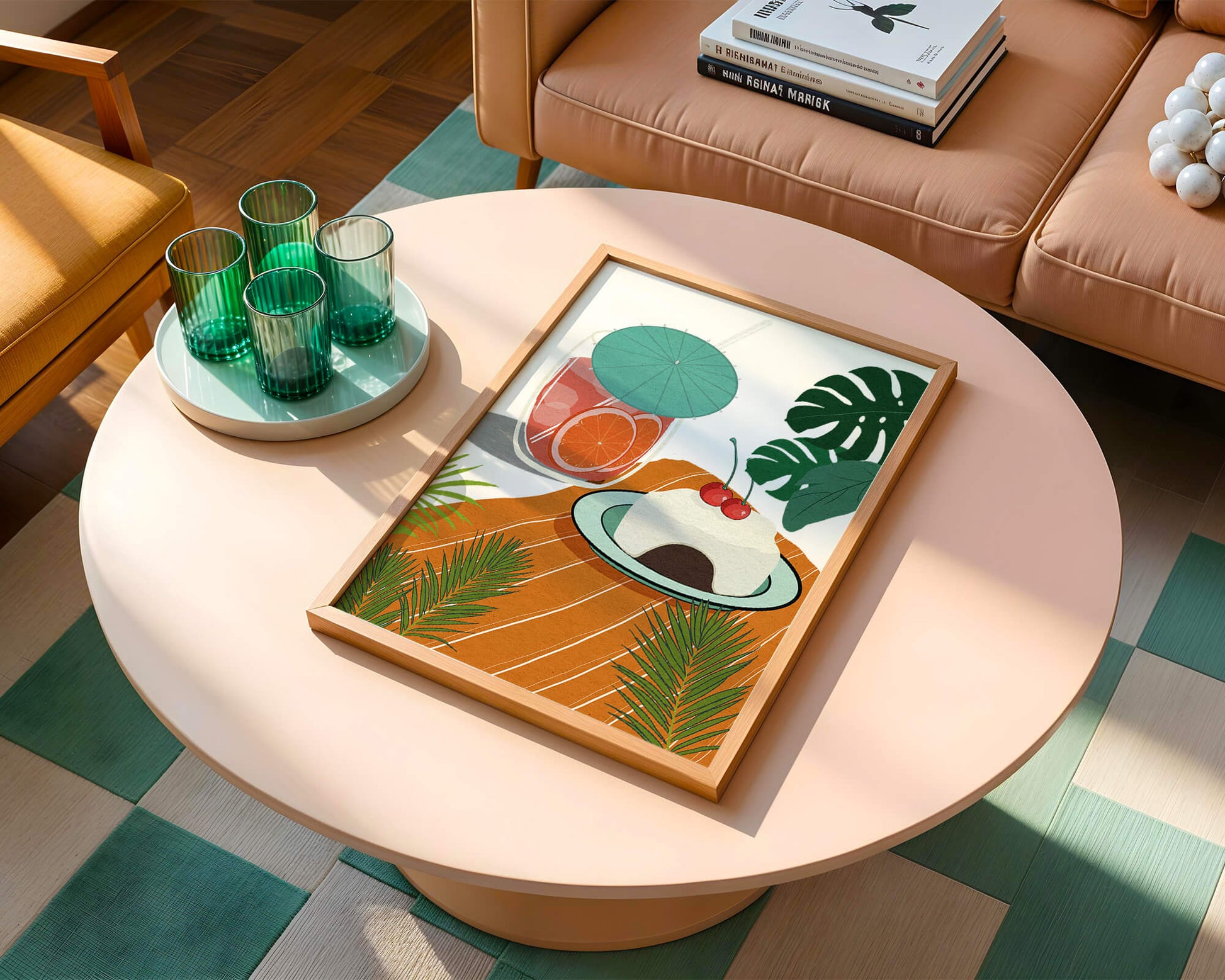 Tropical Dessert with Cherries and Refreshing Drink Under a Parasol