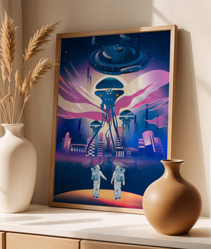 Futuristic Space City With Alien Creatures and Astronauts