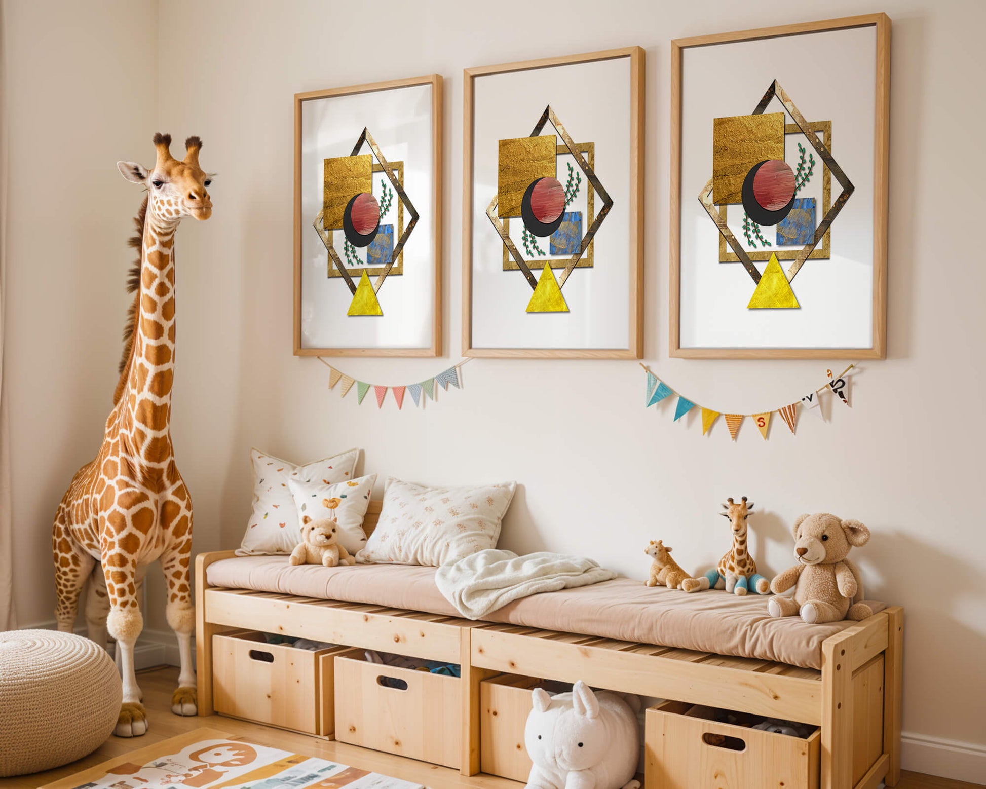 Modern geometric abstract art with vibrant colors and gold accents