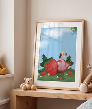 Ilustración encantadora de una niña en un campo de fresas