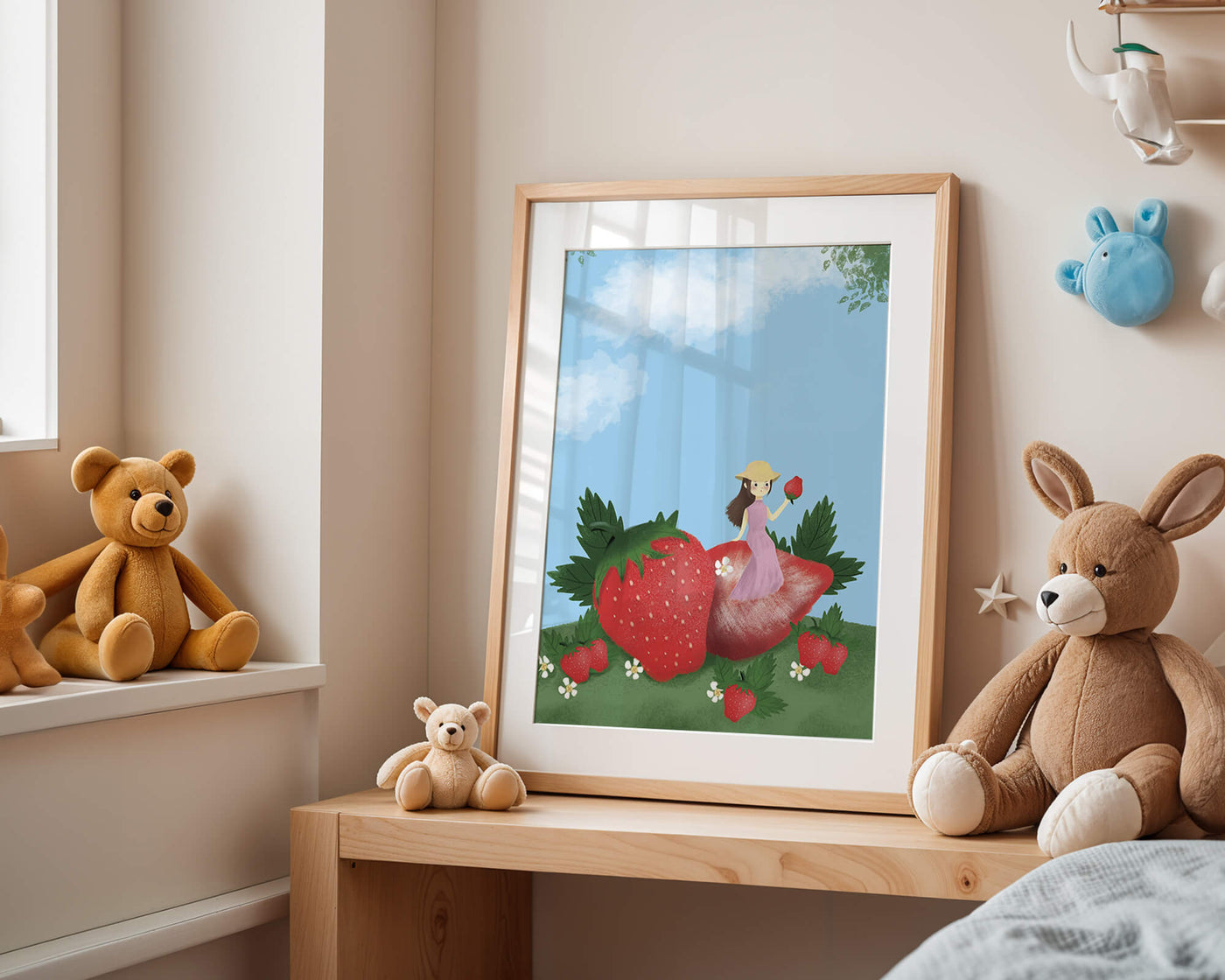Charming illustration of a girl in a strawberry field