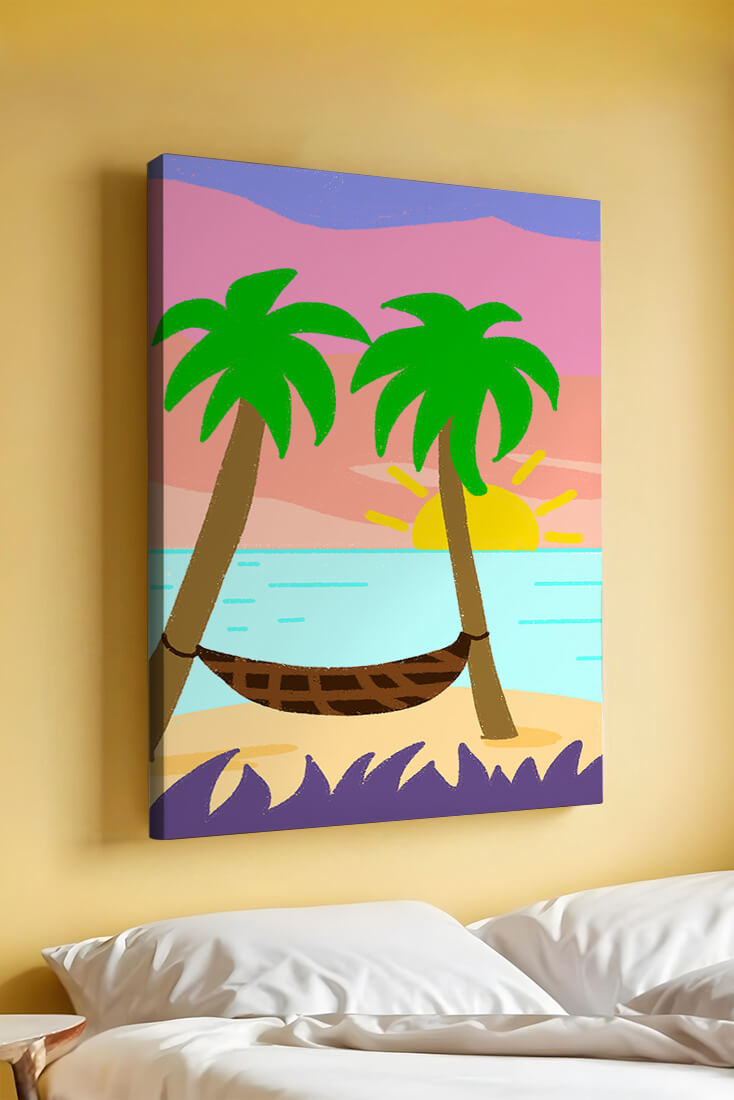 Tranquil beach scene with hammock and sunset